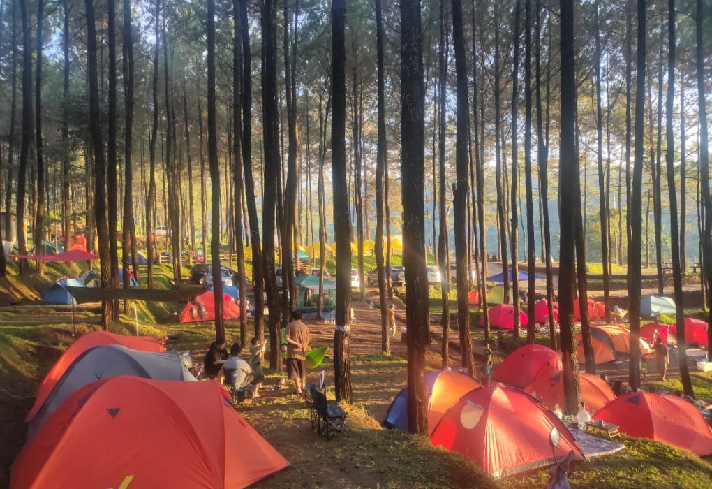Pemandangan indah Veenuz Trawas dengan latar belakang Gunung Penanggungan, hutan hijau yang lebat, dan sungai yang mengalir jernih