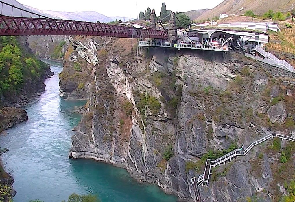 Aerial view of the Kawarau River with the historic Kawarau Bridge in Queenstown.