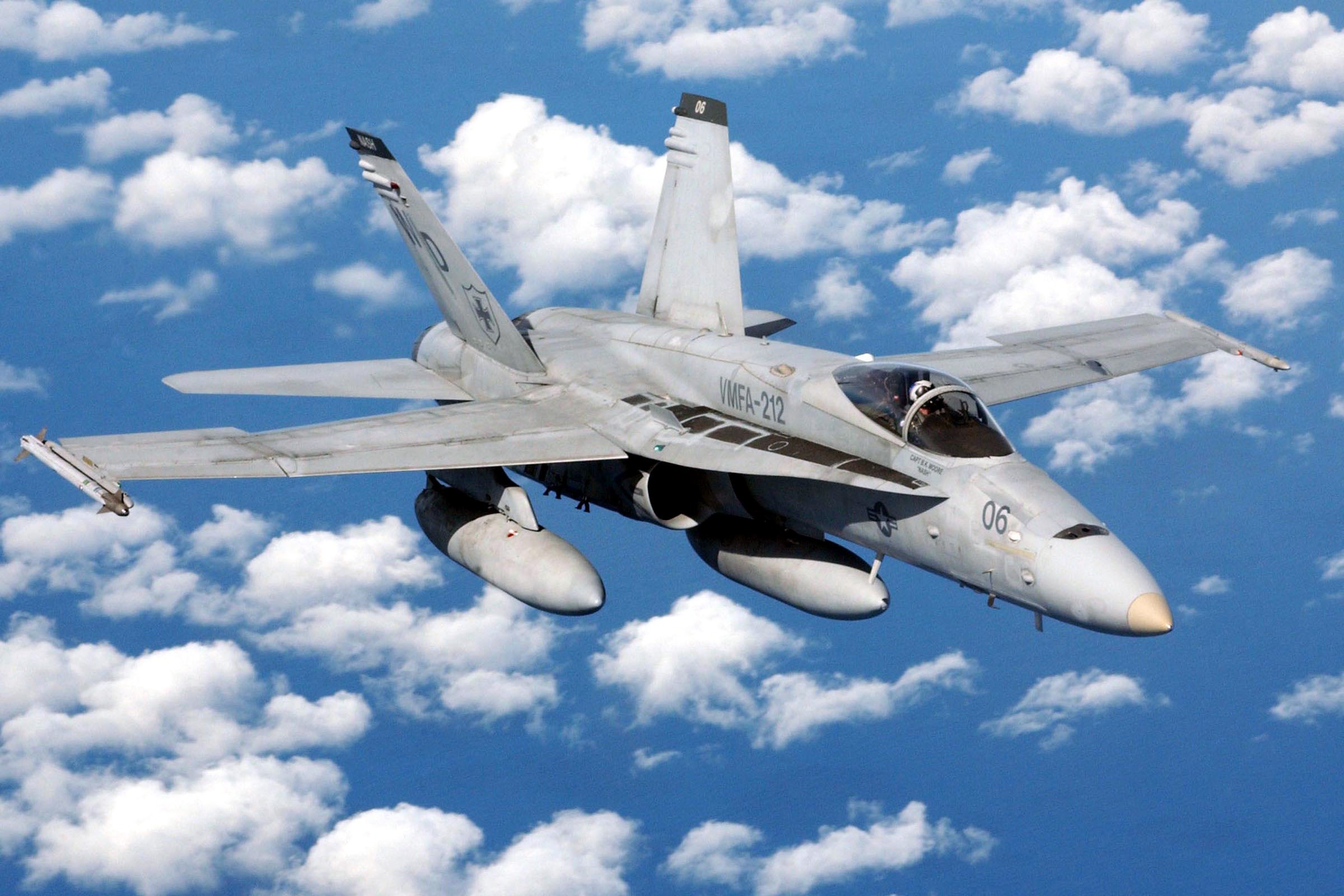 Close-up of the F/A-18 Hornet's advanced avionics and cockpit.